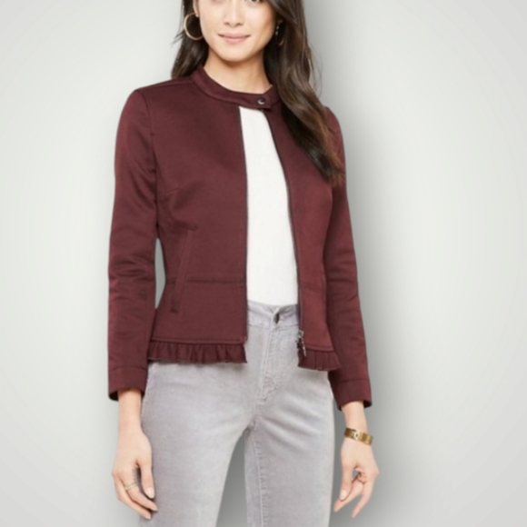 Ann Taylor Jacket Womens 4 Burgundy Long Sleeves Stretch Full Zip‎ Ruffle Hem - Picture 1 of 11